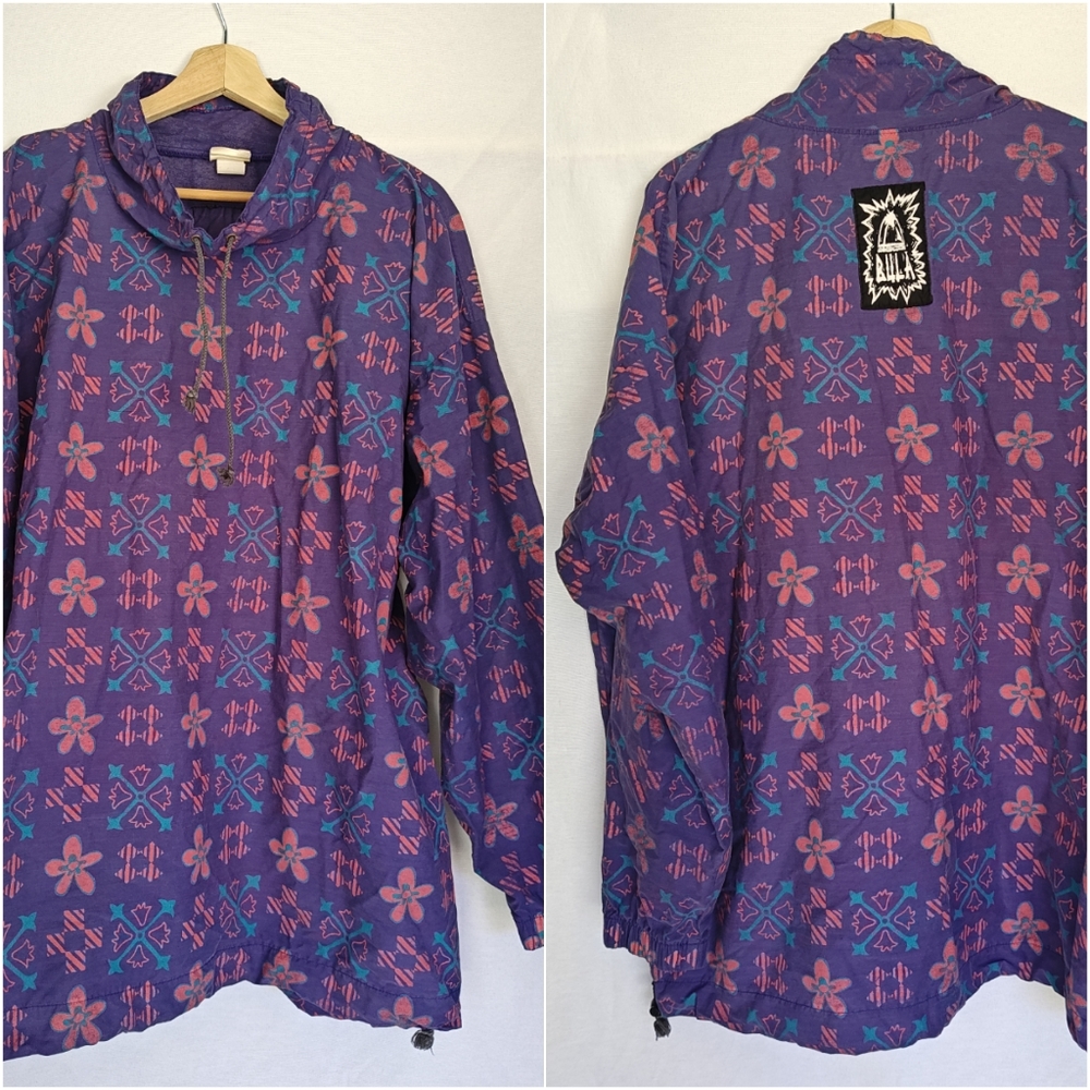 Bula Pullover Windbreaker Shirt Blue Purple Pink Vintae 80s Large L‎ Abstract